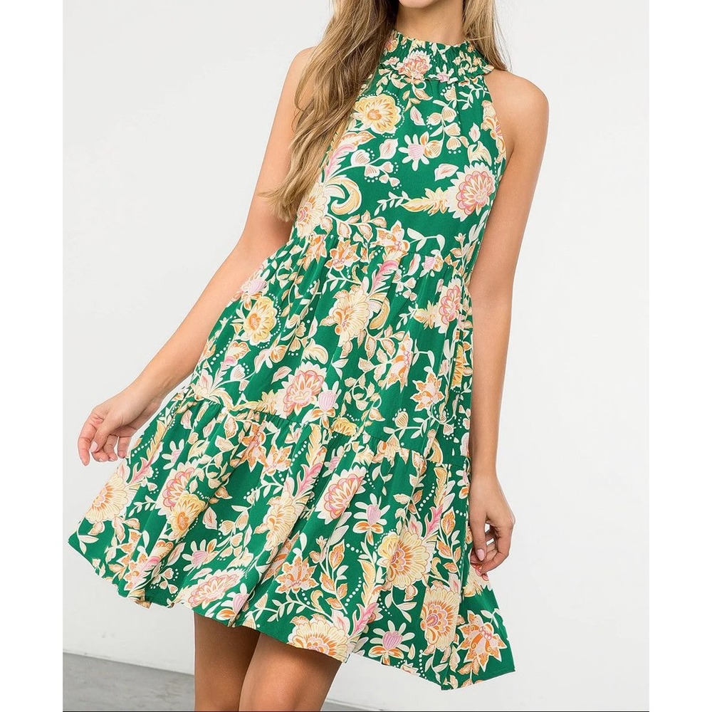 THM Green Floral Tiered Halter Mini Dress Smocked Neck Boho Chic Size S Cottage
